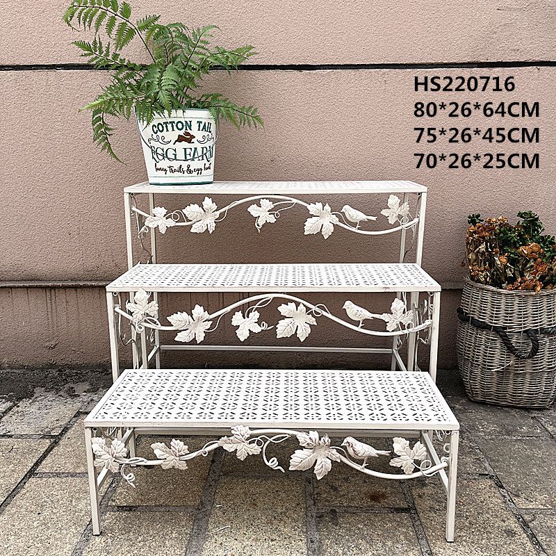 Retro green aged ironwork stepped flower stand, three-layer trapezoidal pot, courtyard, outdoor room, balcony, climbing succulent, folding platform, storage rack, layer rack details Picture