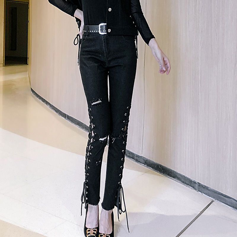 Personalized denim long pants for women 2023 Spring/Summer new Korean-style trendy strappy and drawstring slimming pencil pants detail image 4