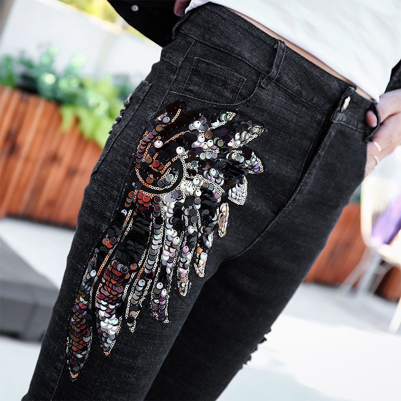 Pantalones denim mujer 2023 nueva versión coreana slim slim lentejuelas fénix influencers pies pequeños ribete lápiz pantalones moda Specification image