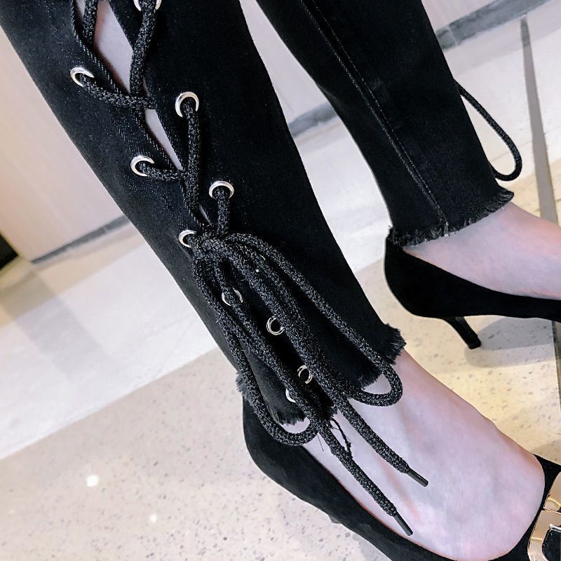 Personalized denim long pants for women 2023 Spring/Summer new Korean-style trendy strappy and drawstring slimming pencil pants detail image 6