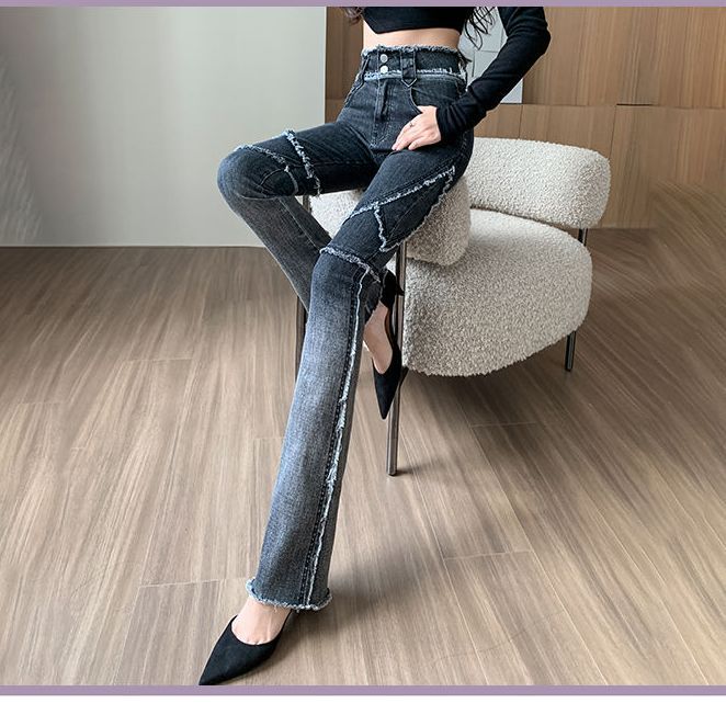 The new autumn vintage fringed personalized patchwork jeans for women are slightly flared and spicy, with a slim and elastic high-waisted look detail image 2