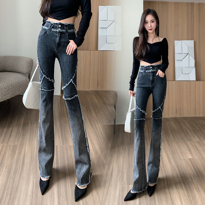 The new autumn vintage fringed personalized patchwork jeans for women are slightly flared and spicy, with a slim and elastic high-waisted look details Picture
