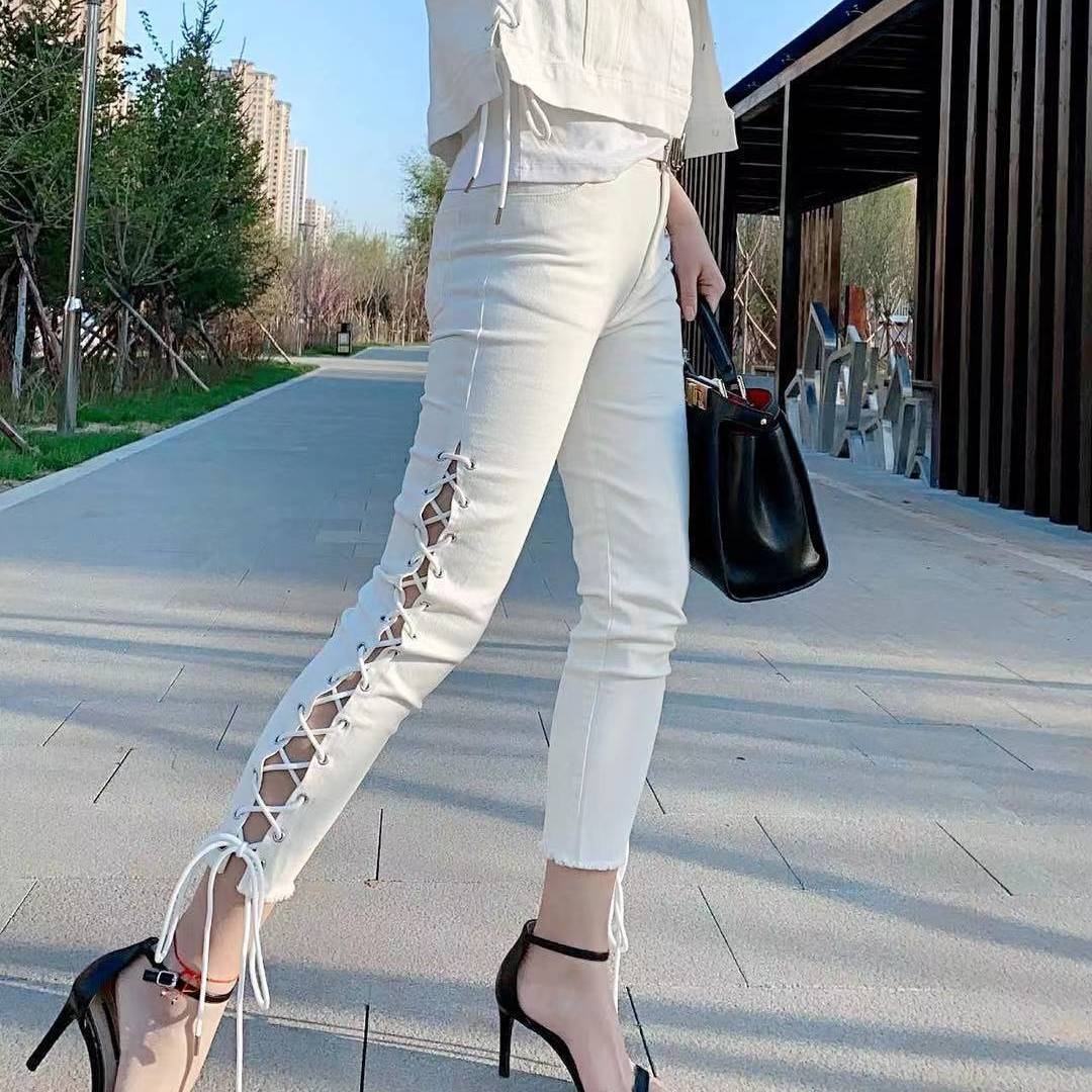 Personalized denim long pants for women, Spring/Summer 2023 new Korean-style trendy strappy and drawstring slimming pencil pants Specification image