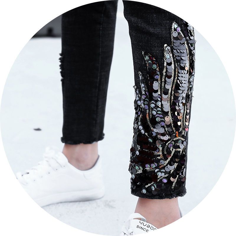 Pantalones denim mujer 2023 nueva versión coreana slim slim lentejuelas fénix influencers pies pequeños ribete lápiz pantalones moda detail image 4