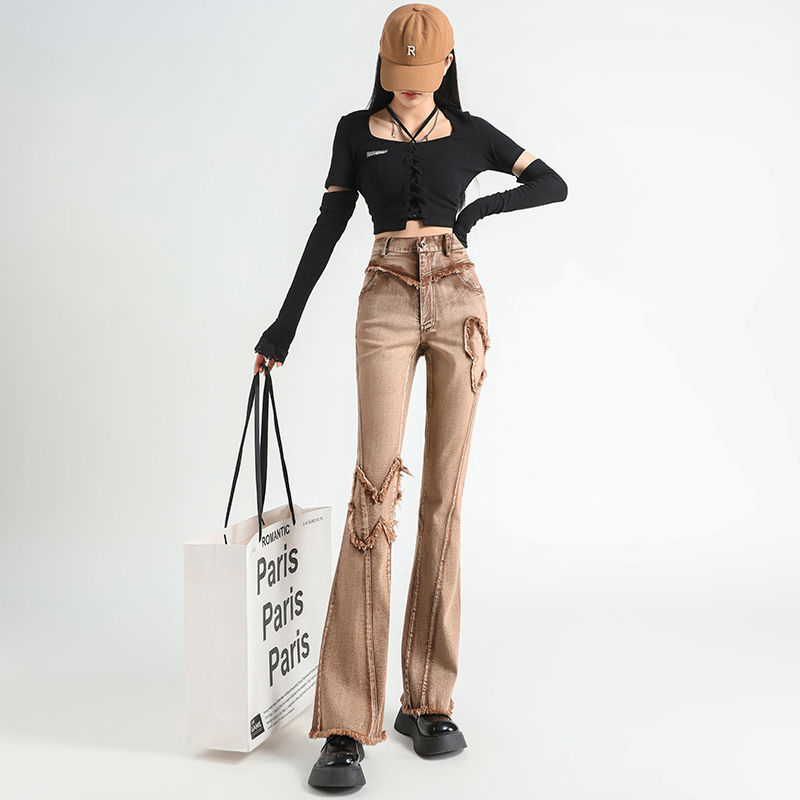 The new autumn vintage fringed and ripped denim flared jeans are slimming and slimming, with a unique and stylish patchwork stretch women's long jeans Specification image