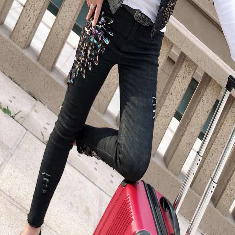 Pantalones denim mujer 2023 nueva versión coreana slim slim lentejuelas fénix influencers pies pequeños ribete lápiz pantalones moda detail image 2