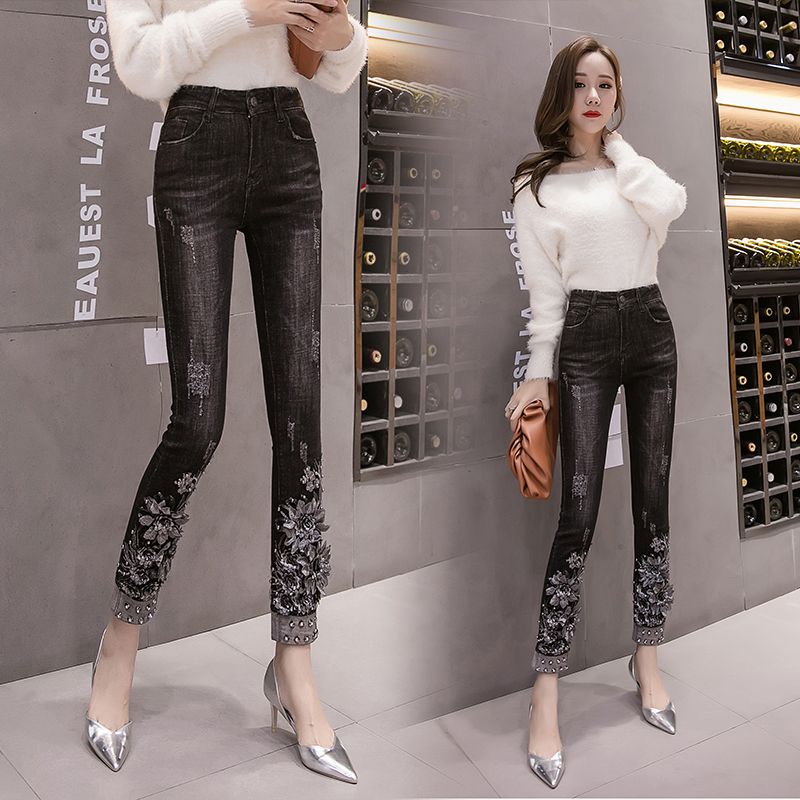 Embroidered skinny jeans, high-waisted, form-fitting, retro embroidered with floral patterns, tight and elastic, slimming, wearing out nine-inch pencil pants details Picture
