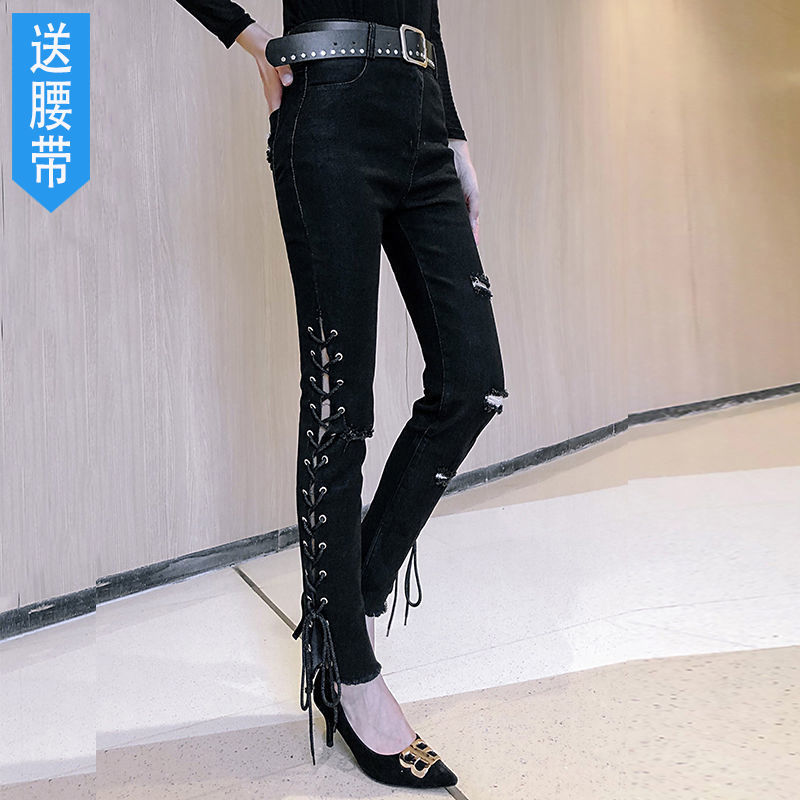 Personalized denim long pants for women 2023 Spring/Summer new Korean-style trendy strappy and drawstring slimming pencil pants detail image 2