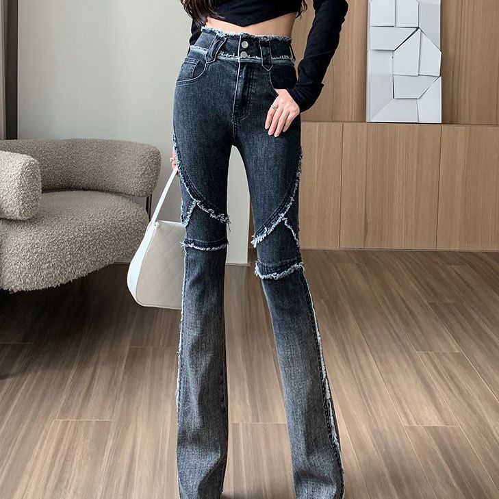 The new autumn vintage fringed personalized patchwork jeans for women are slightly flared and spicy, with a slim and elastic high-waisted look detail image 5