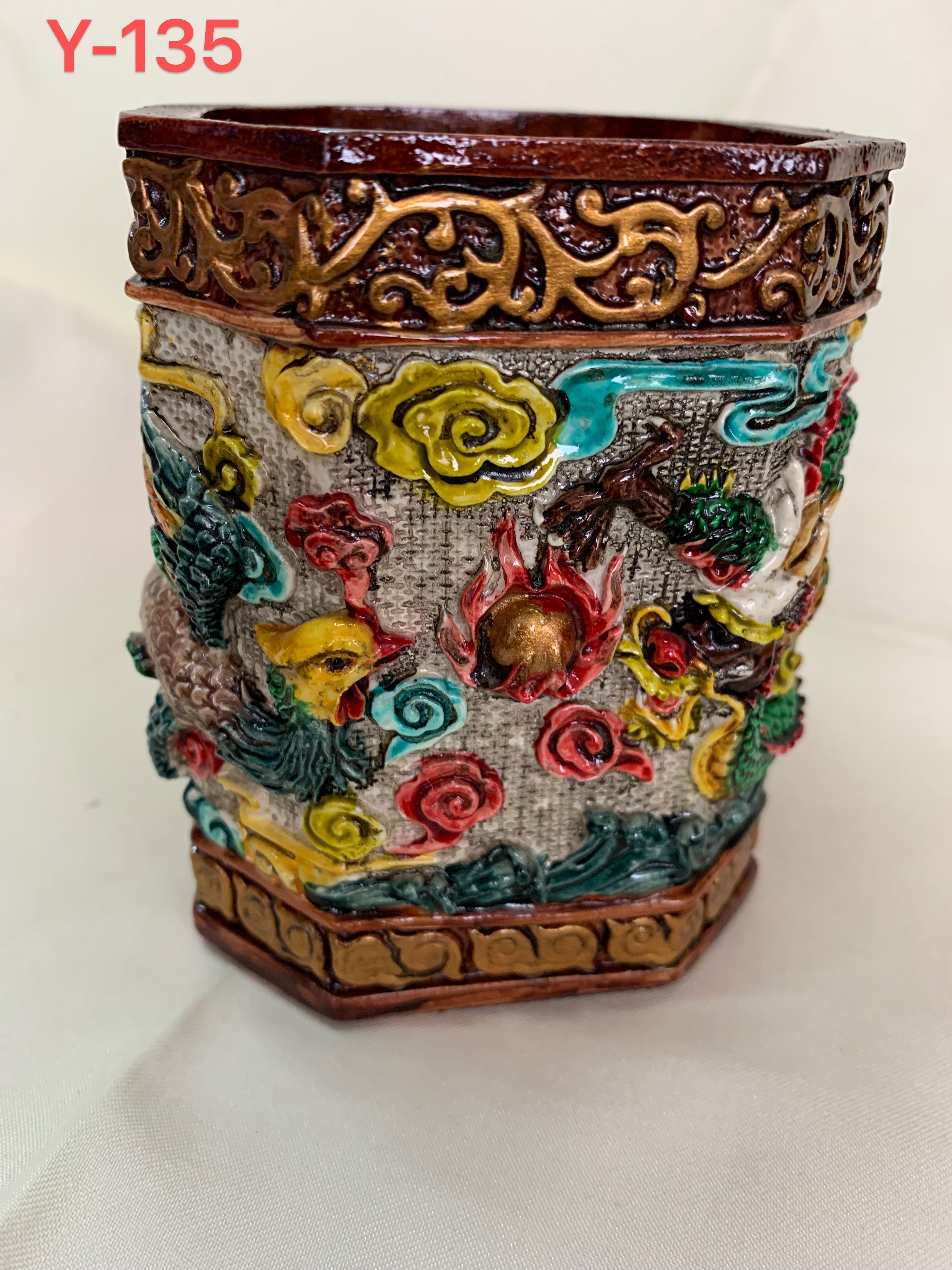 CAI's exquisite resin hand-painted art piece, Y-135 Dragon and Phoenix Pen holder Item Picture