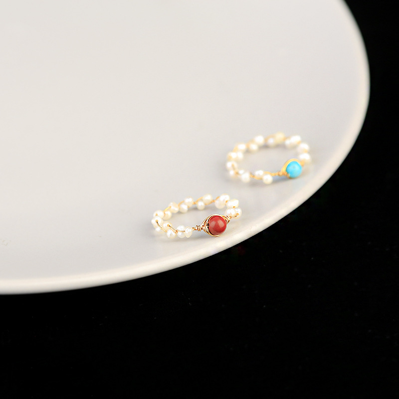 Simple and elegant jewelry: A handcrafted ring made of fresh water pearls and turquoise raw stone for women details Picture