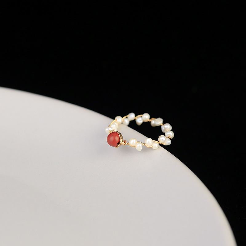 Simple and elegant jewelry: A handcrafted ring made of fresh water pearls and turquoise raw stone for women detail image 6