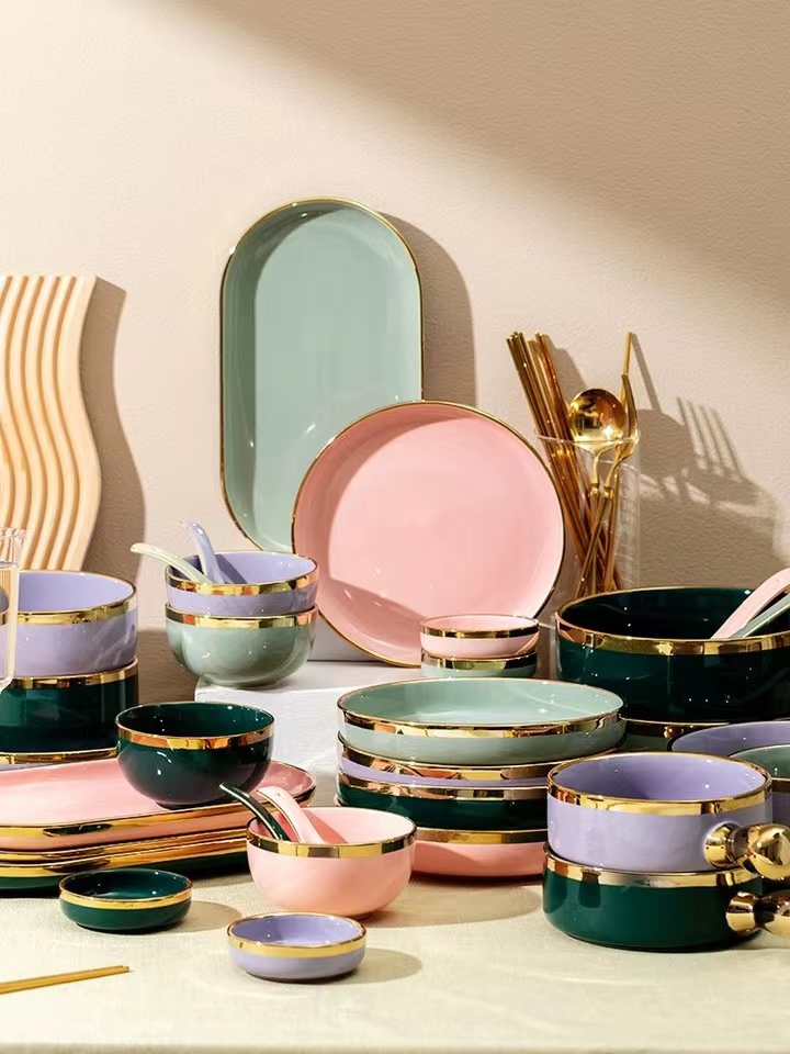 Yongsheng Ceramics European-style Light Luxury Gold Edge Emerald Ceramic Rice Bowl, Plate, Bowl, Chopsticks, Plate, Tableware, Single-person Dining Set for Home use YA002