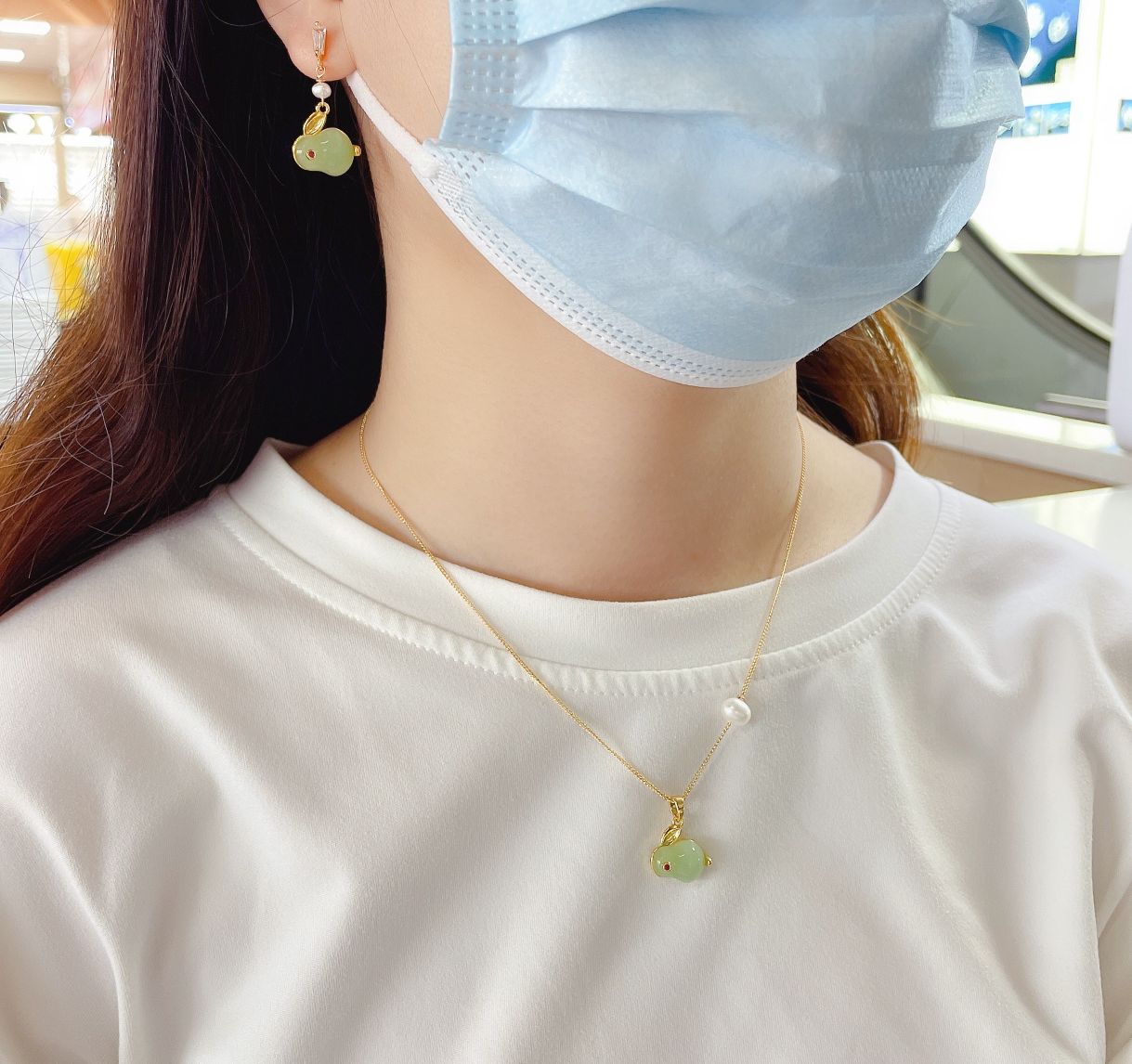 Original design natural pearl jade Rabbit Year Zodiac Year necklace set detail image 8