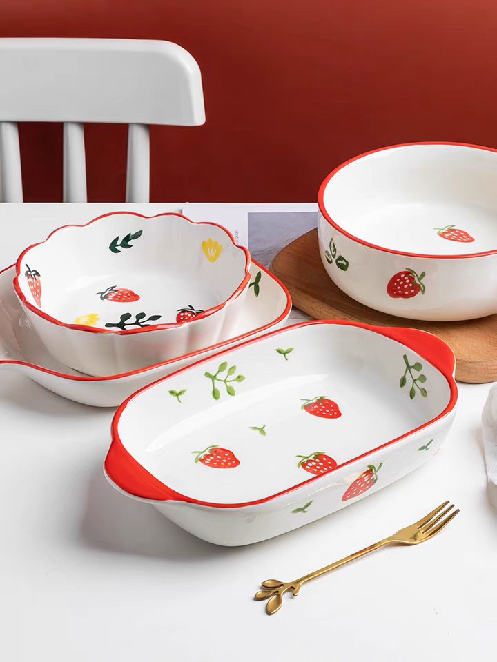 Yongsheng Ceramic Strawberry Bowl and Plate Tableware Set: Fresh and Unique Ceramic Plate, Cheese-Baked Rice Bowl, Single-handled European-style Baking tray and bowl YA005