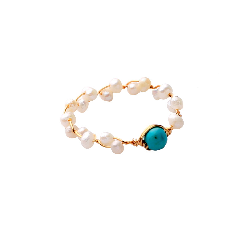 Simple and elegant jewelry: A handcrafted ring made of fresh water pearls and turquoise raw stone for women detail image 3