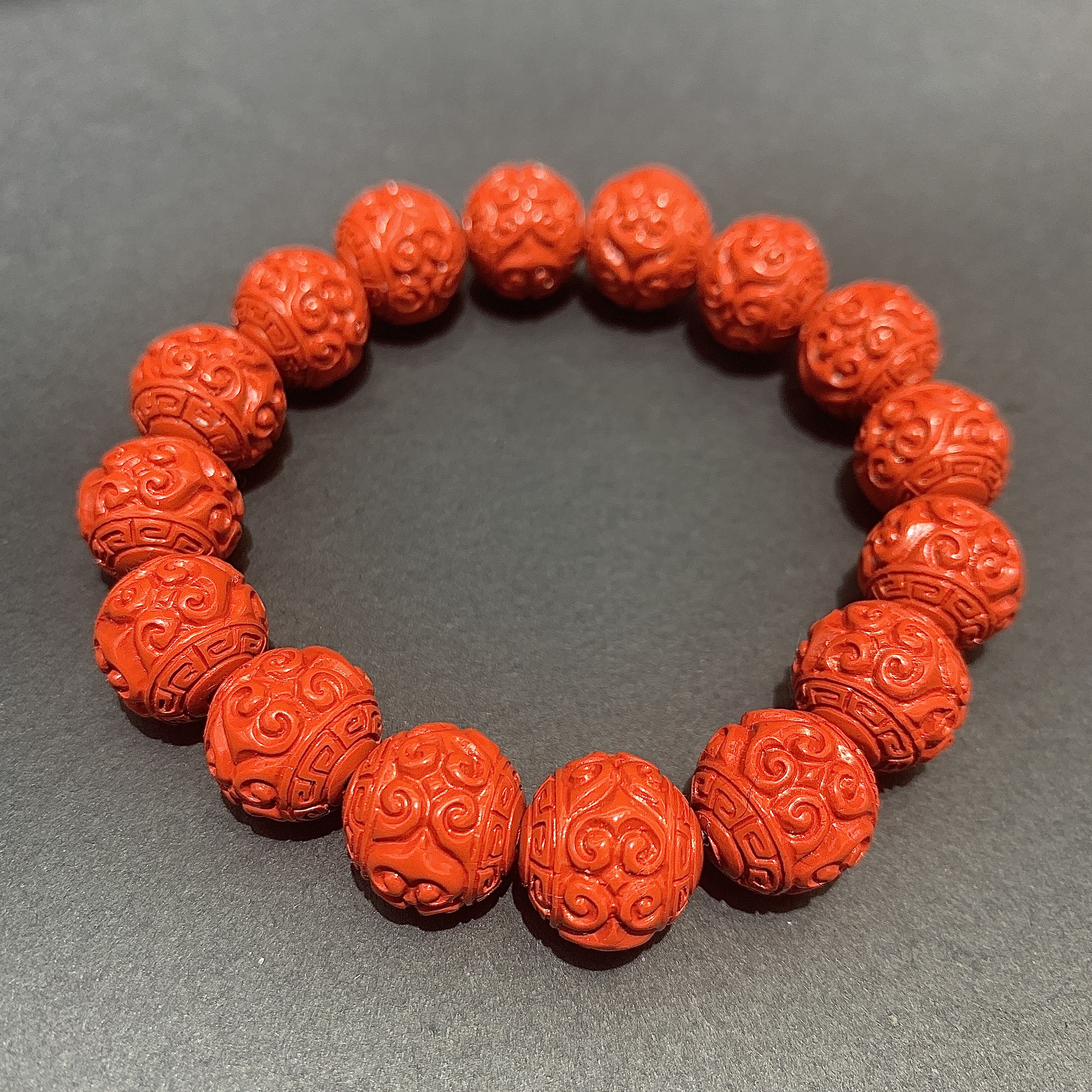 【 Oriental Jade 】 Natural cinnabar red sand six-character mantra for warding off evil and ensuring safety, meandering pattern "Fu" character walnut bracelet carving Specification image