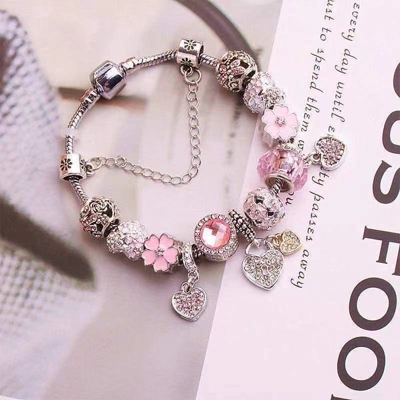 欧美时尚爆款粉色爱心带钻链条女孩子流行手链