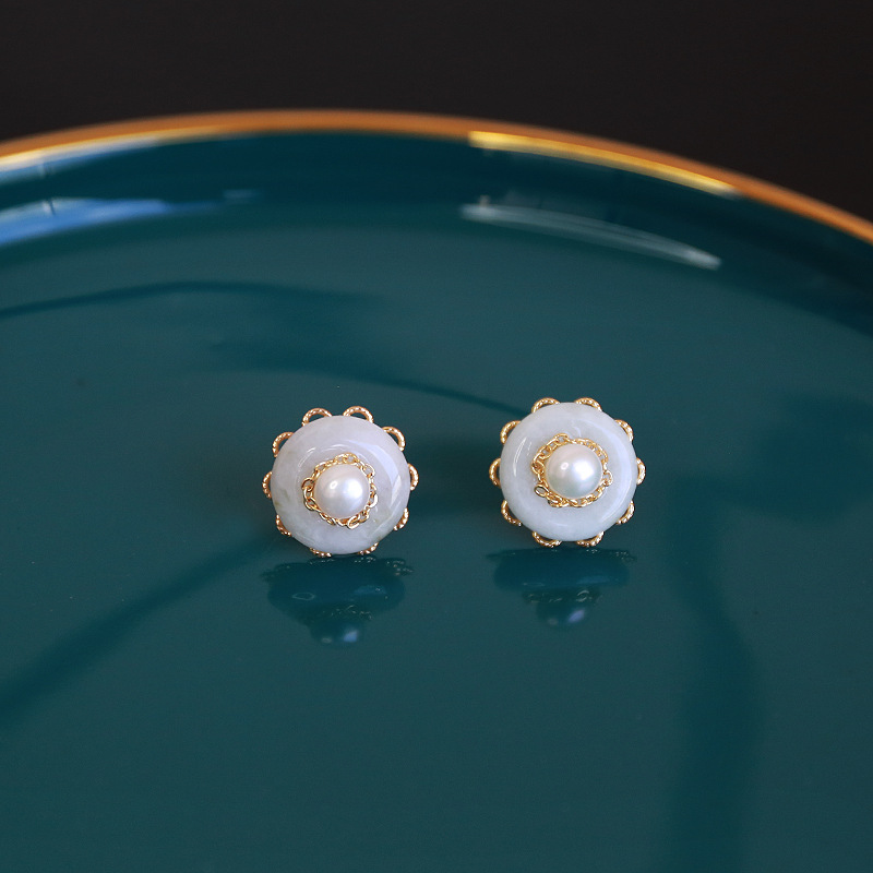 Original design natural pearl and natural jade A-grade ear studs detail image 5