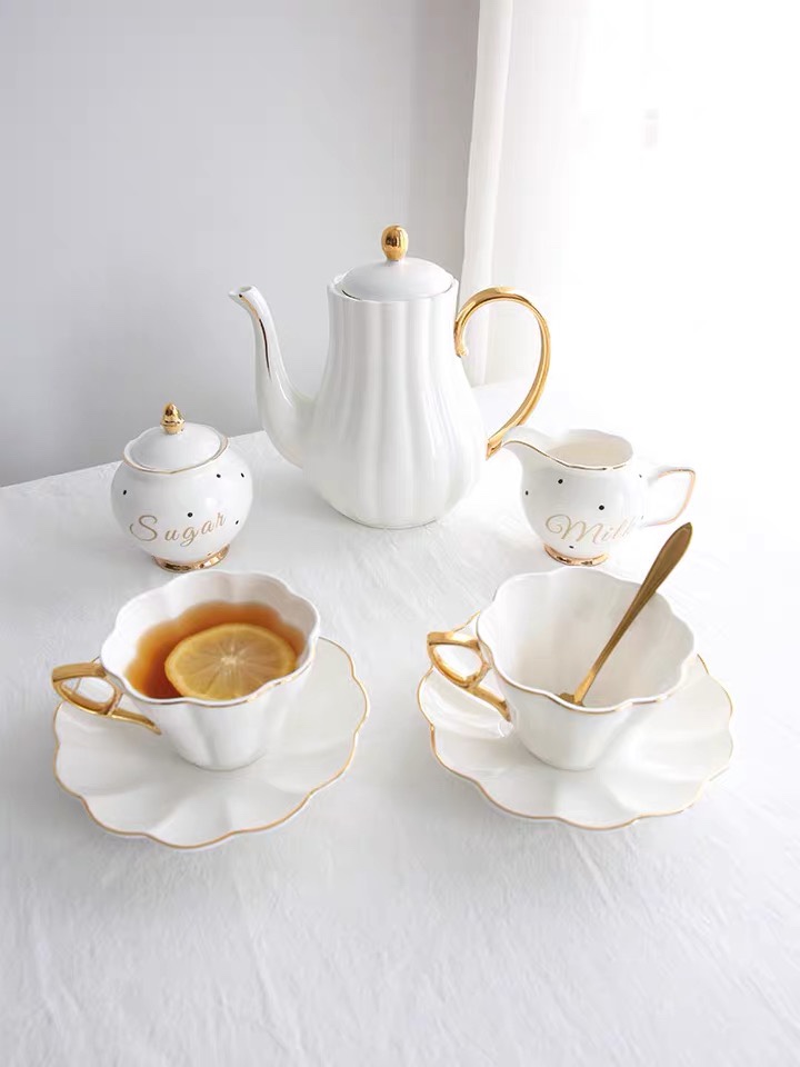 Yongsheng Ceramic Relief White Gold Edge Cherry Blossom Tea Afternoon Tea Ceramic Coffee Cup and Saucer Set YS018