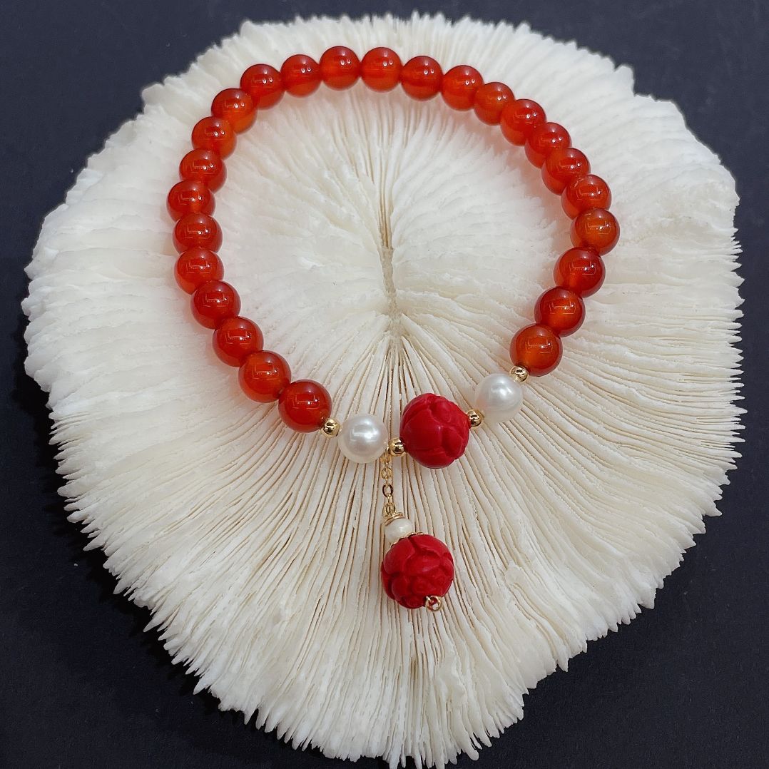 Original design red agate cinnabar zodiac year live-streaming best-selling natural pearl bracelets Item Picture