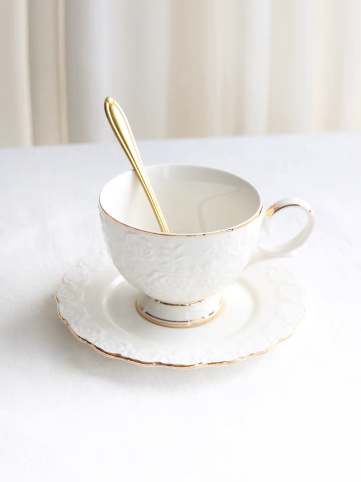 Yongsheng Ceramic Relief White Gold Edge Cherry Blossom Tea Afternoon Tea Ceramic Coffee Cup and Saucer Set YS018 Specification image