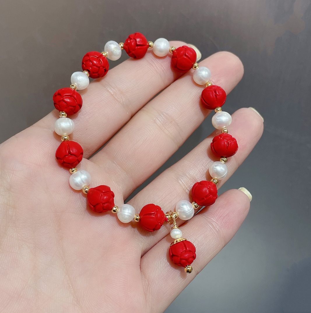 Original design red agate cinnabar zodiac year live-streaming best-selling natural pearl bracelets detail image 5