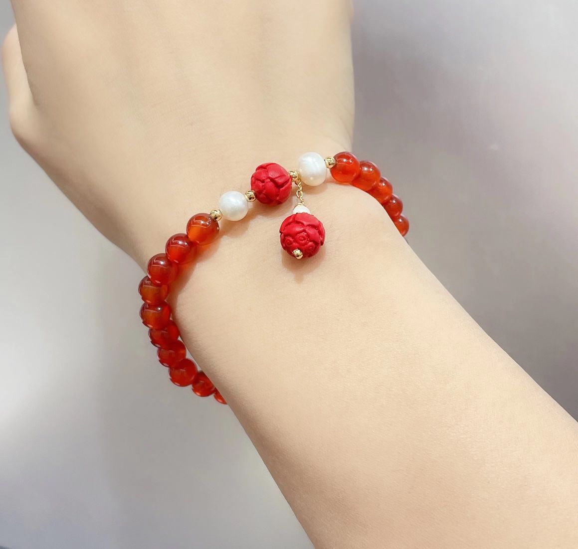 Original design red agate cinnabar zodiac year live-streaming best-selling natural pearl bracelets detail image 9