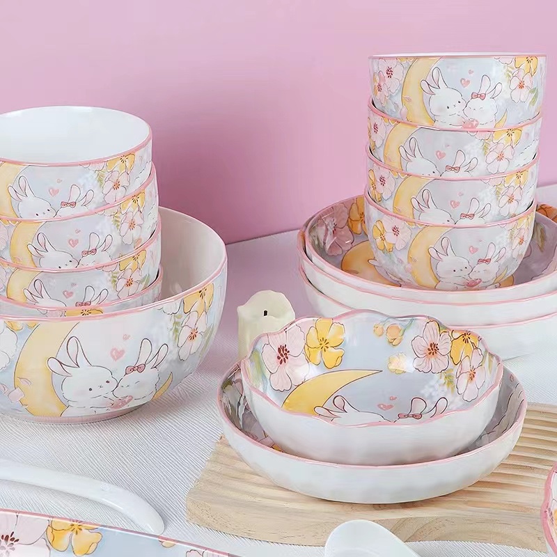 永盛YS013月亮兔陶瓷碗碟套装可爱少女心餐具家用餐盘大汤碗米饭碗菜盘面碗