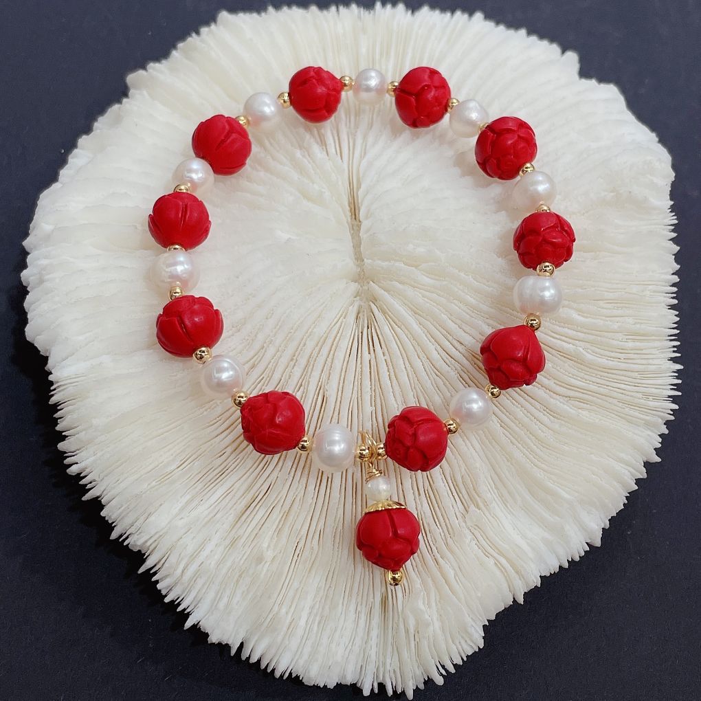 Original design red agate cinnabar zodiac year live-streaming best-selling natural pearl bracelets detail image 4