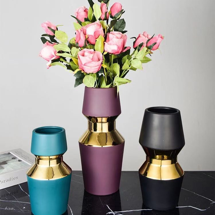 Light luxury golden electroplated ceramic vase, living room decoration, hotel soft decoration item, handicraft, Wanzi 3 details Picture