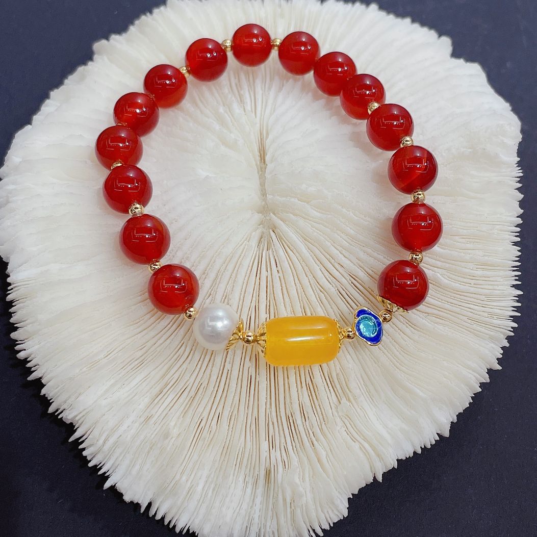 Original design red agate cinnabar zodiac year live-streaming best-selling natural pearl bracelets details Picture