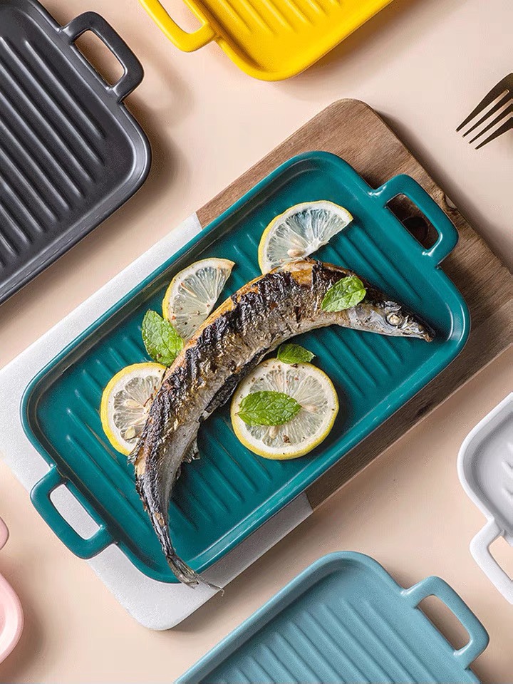 Yongsheng Ceramic Rectangular double-ear oven baking tray, creative large ceramic home fish plate, wing plate, home vegetable plate YS101 Specification image