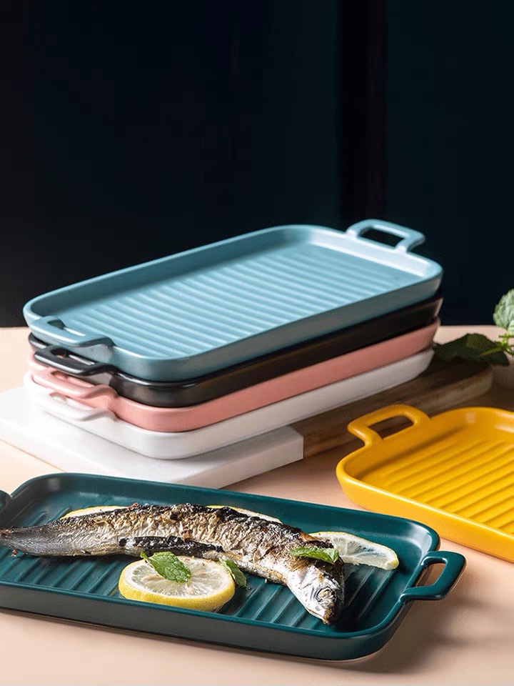 永盛陶瓷长方形双耳烤箱烤盘烘焙西餐创意大号陶瓷家用鱼盘烤翅盘家用菜盘YS101