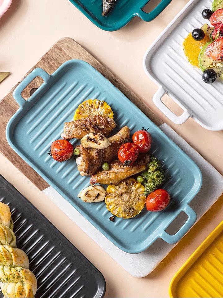 Yongsheng Ceramic Rectangular double-ear oven baking tray, creative large ceramic home fish plate, wing plate, home vegetable plate YS101 details Picture
