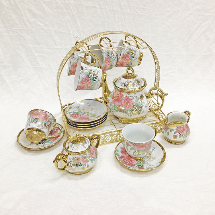 Cross-border European ceramic coffee set, electroplated cups and plates, 15-piece afternoon tea set, wedding gift, Medley 016