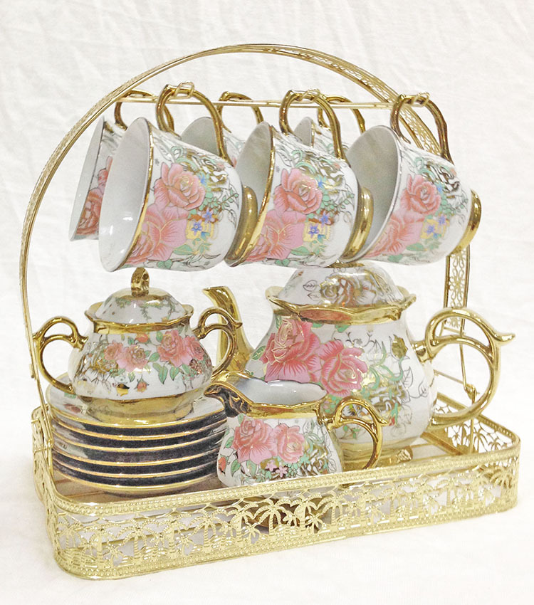 Cross-border European ceramic coffee set, electroplated cups and plates, 15-piece afternoon tea set, wedding gift, Medley 016 details Picture