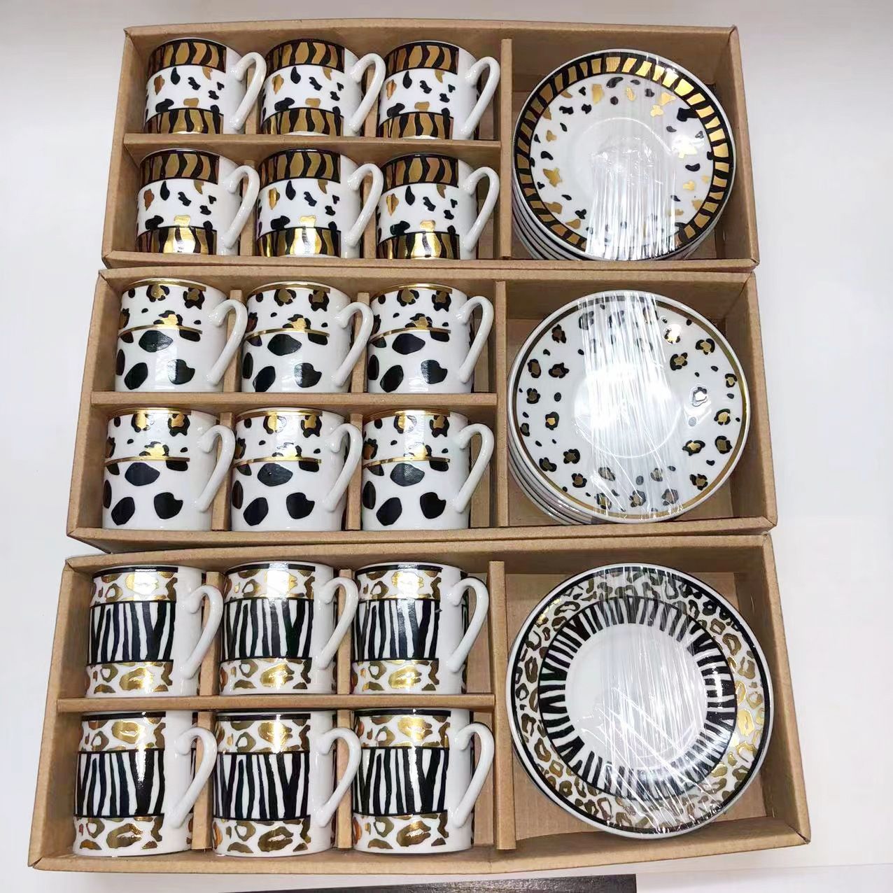 New European-style ceramic coffee cup and saucer set, gold-embossed coffee cup, Middle East cross-border 6 cups and 6 saucers flower tea cup gift, Medley 018 details Picture