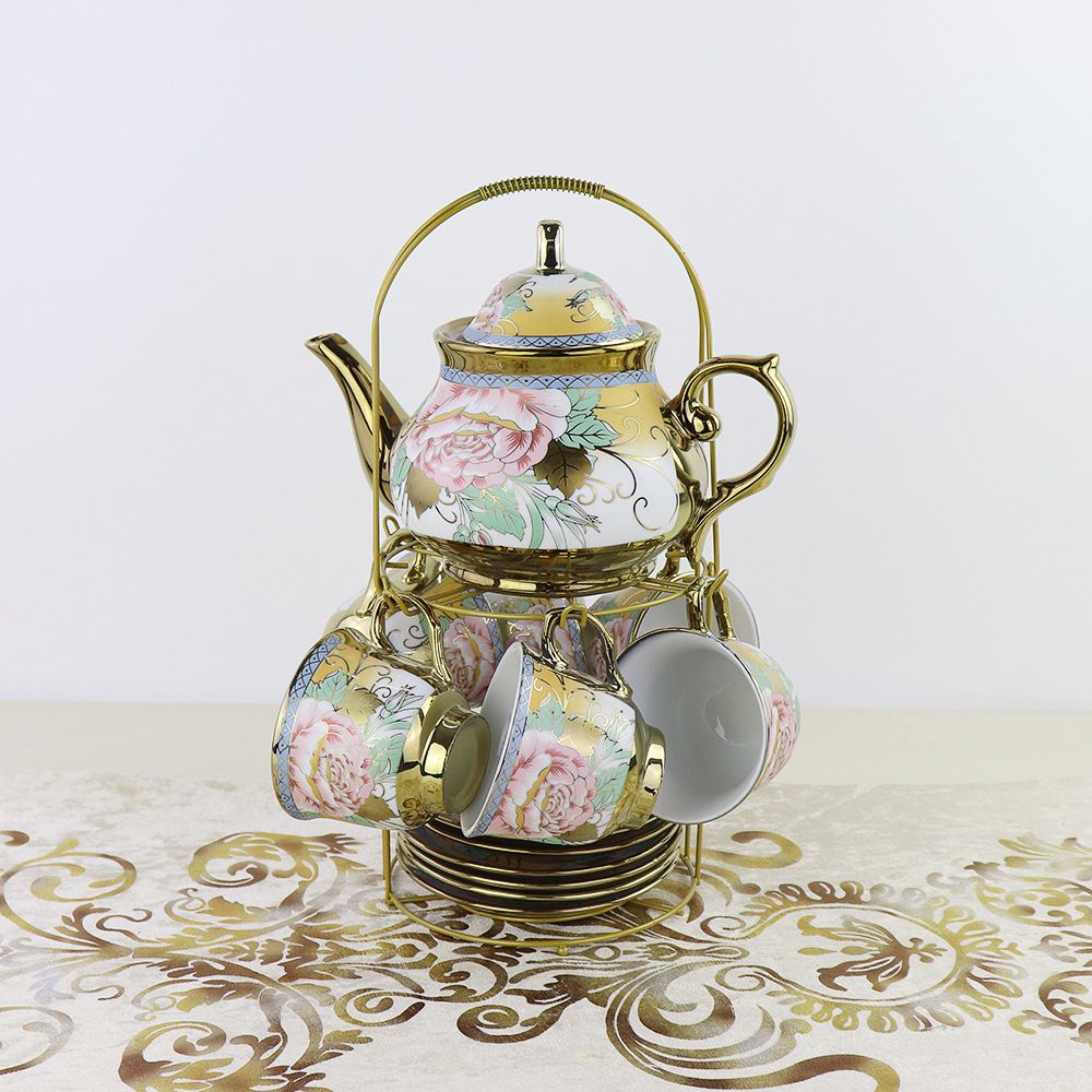 European-style ceramic coffee sets, Middle Eastern electroplated 13-piece cup and plate sets, afternoon tea sets, flower tea cups, wedding gifts, Medley 011 details Picture