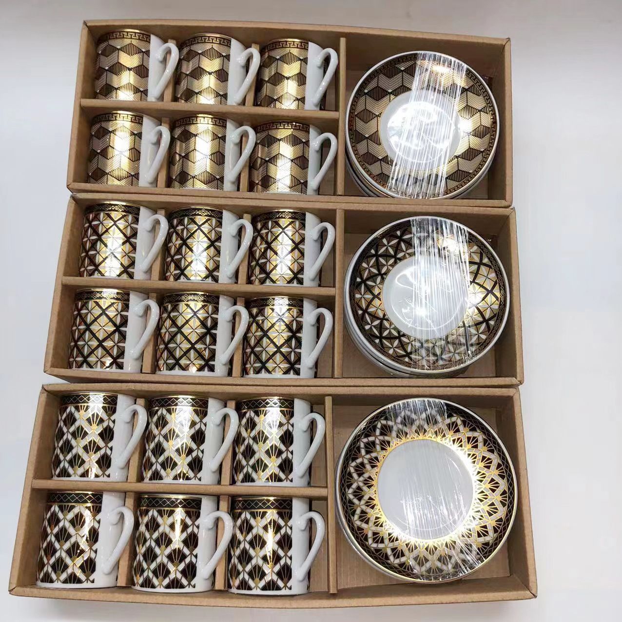 New European-style ceramic coffee cup and saucer set, gold-embossed coffee cup, Middle East cross-border 6 cups and 6 saucers flower tea cup gift, Medley 018