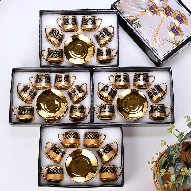 创意电镀陶瓷6杯6碟套装 陶瓷杯碟活动实用礼品 外贸咖啡杯子批发 美德利 025