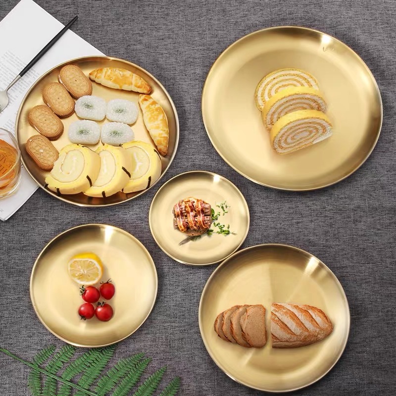 Wholesale of 201 stainless steel plates, commercial golden trays, Korean barbecue plates, restaurant steak plates, buffet plates details Picture
