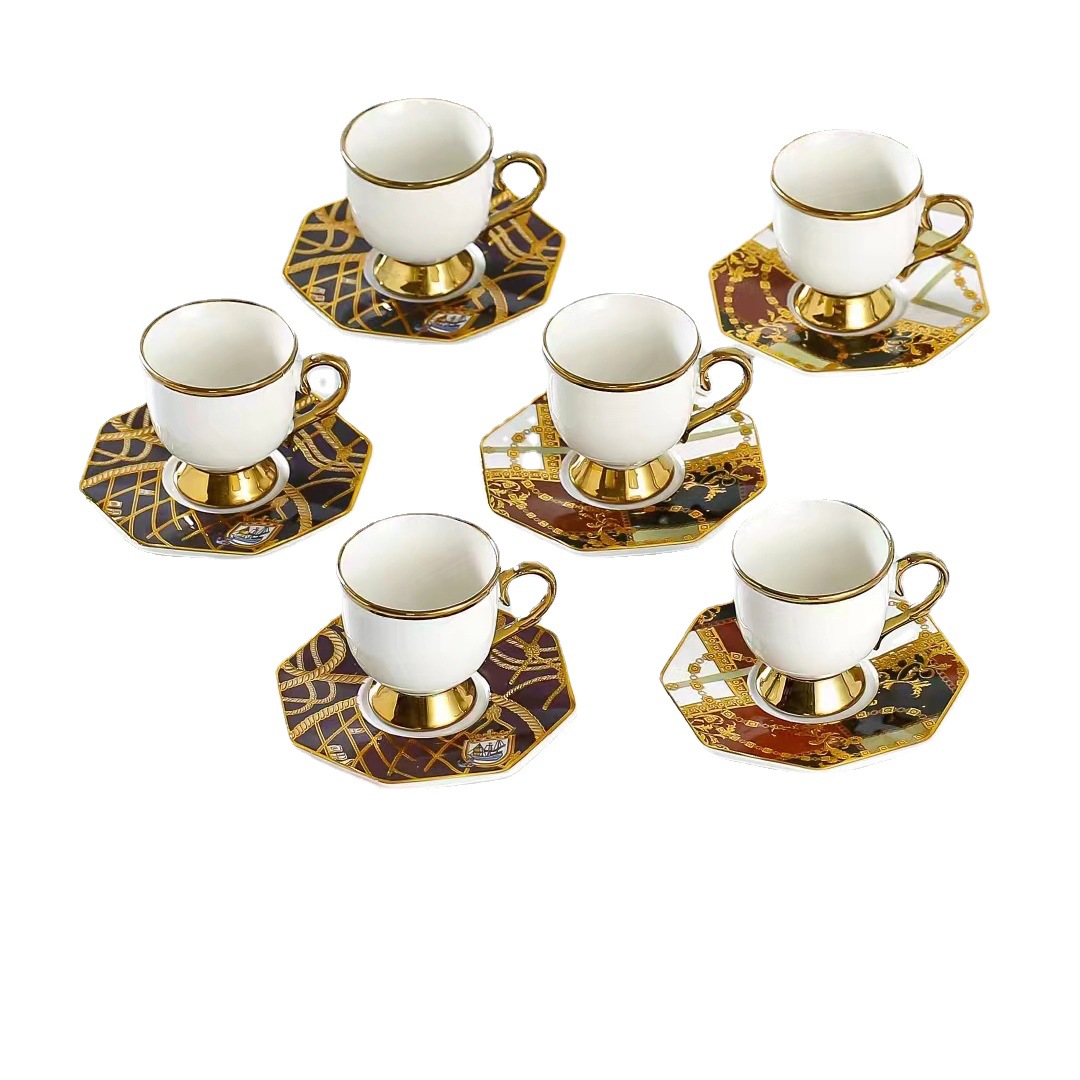 New cross-border European-style ceramic coffee cups and saucers for export, high-end gold-edge 6-cup and saucer gift box set, high-footed coffee cups, Medley 007 Application Scenario