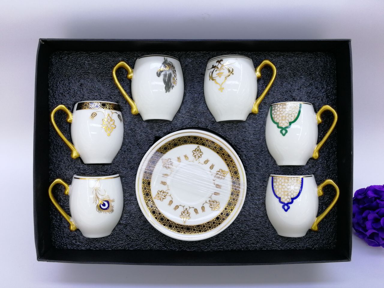 Limei Ceramic Coffee Cup, round six-cup plate set, new gift box packaging, imitation gold handle 0001 details Picture