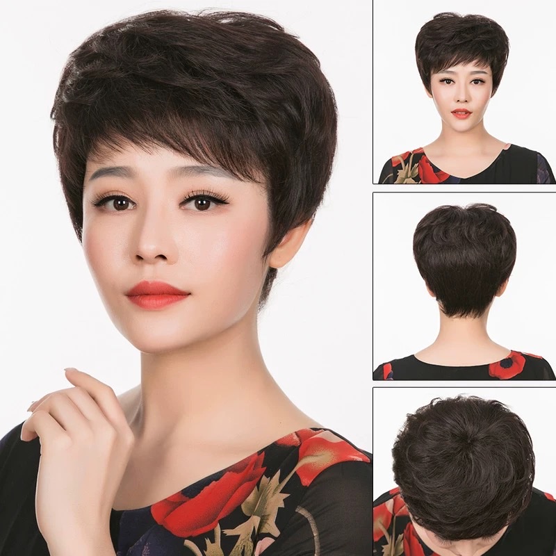 Peluca cabello real cabello real completo mamá cabello rizado corto conjunto de peluca cabello real femenino conjunto de cabeza completo natural 2021 nuevo 7 details Picture
