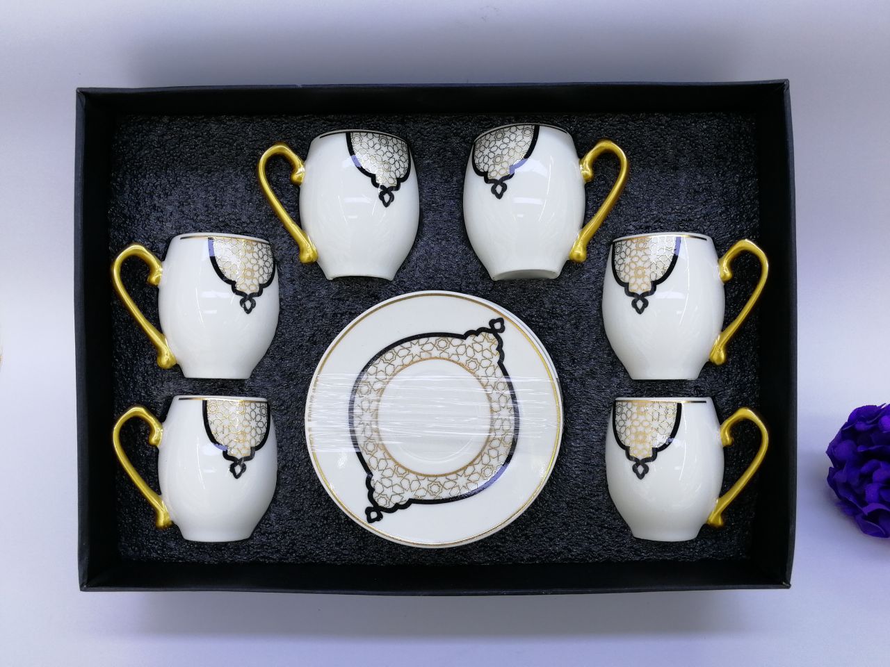 Limei Ceramic Coffee Cup, round six-cup plate set, new gift box packaging, imitation gold handle 0001 Specification image
