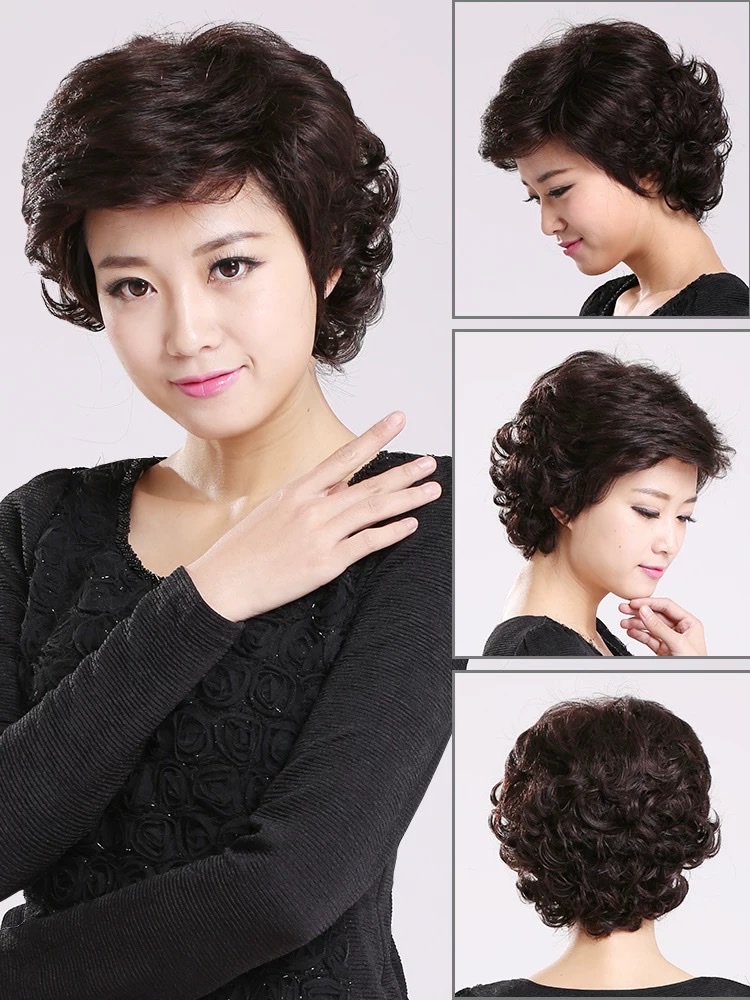 Peluca cabello real cabello real completo mamá cabello rizado corto conjunto de peluca cabello real femenino conjunto de cabeza completo natural 2021 nuevo 7 Item Picture