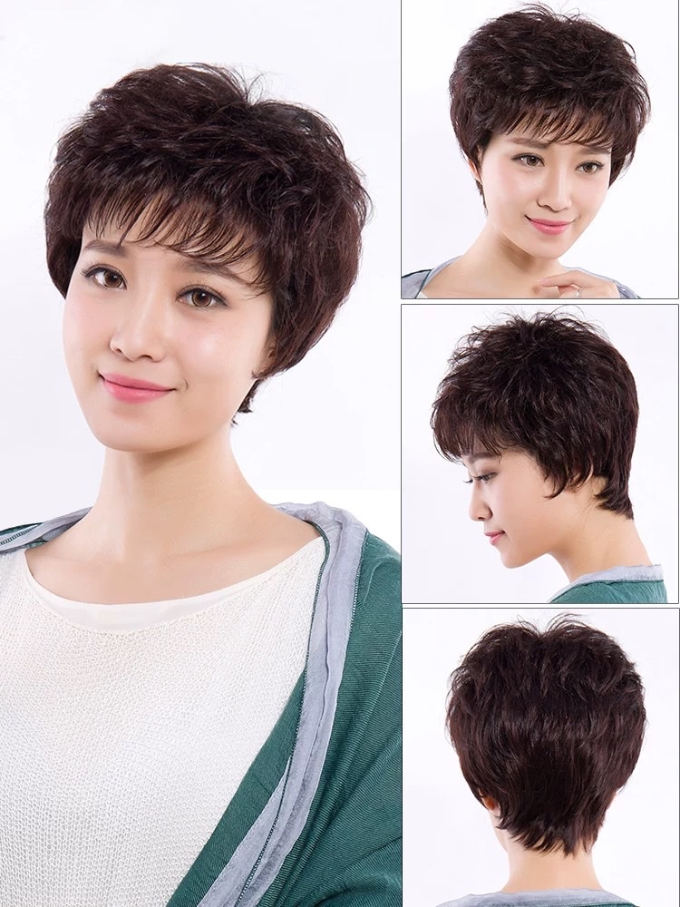Wig, real hair, full real human hair, short hair for women, hand-woven full hair cover, full hair cover for middle-aged and elderly women, short curly hair for mothers details Picture