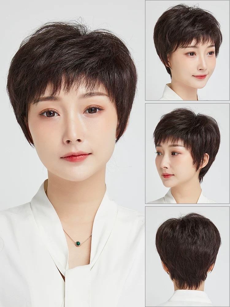 Peluca cabello real cabello real completo mamá cabello rizado corto conjunto de peluca cabello real femenino conjunto de cabeza completo natural 2021 nuevo 7 Specification image
