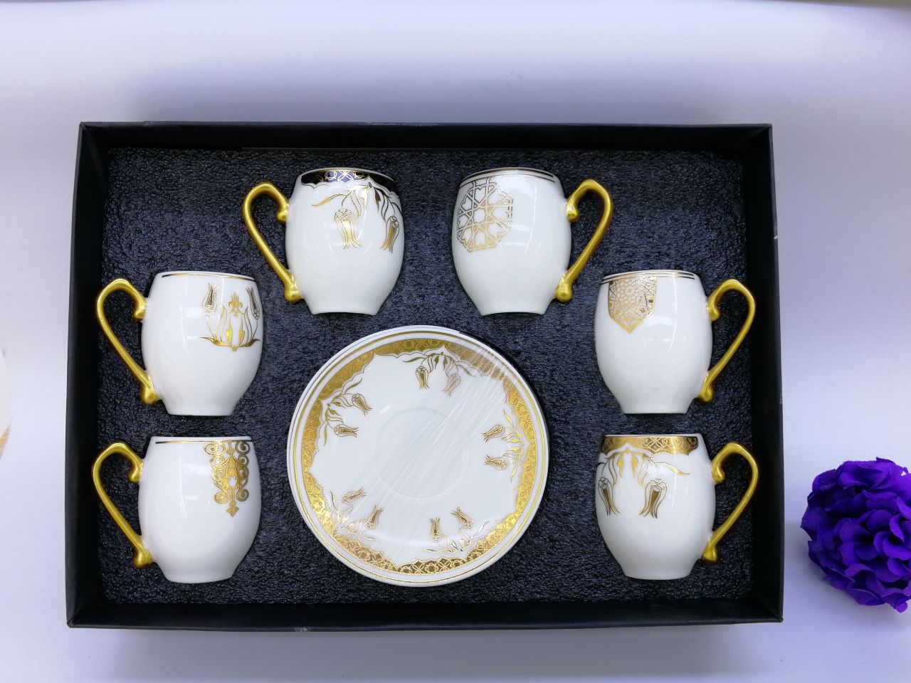 Limei Ceramic Coffee Cup, round six-cup plate set, new gift box packaging, imitation gold handle 0001 pic 2